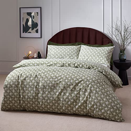 furn. Hoem Alexa Duvet Cover Set - Earthy Geometric Cotton Rich Easy Care Bedding (Olive - Super King)