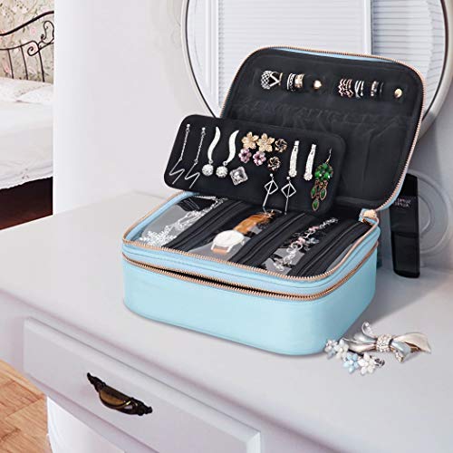 Becko Double Layer Jewel Organizer Bag case Travel Jewelry Roll for Multiple Necklaces, Rings, Bracelets, Large Capacity Without Crease, Lightweight, Portable & Practical - Blue
