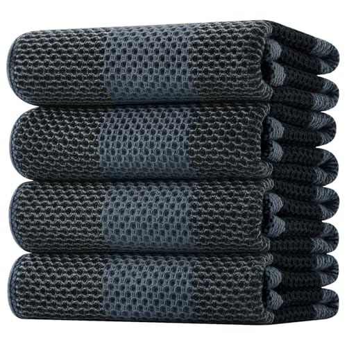 Homaxy 100% Cotton Waffle Weave Check Plaid Kitchen Towels, 20 x 28 Inches, Super Soft and Absorbent Dish Towels for Drying Dishes, 4-Pack, Black & Grey