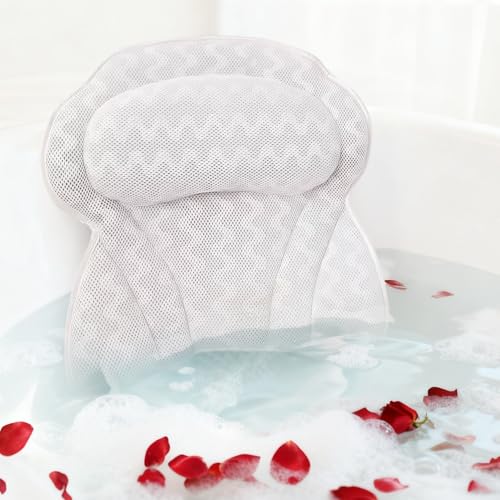 AUNEK Luxury Bath Pillow, Ergonomic 4D Air Mesh Headrest Cushion for Head with 6 Suction Cups, Neck, Shoulder and Back Support, Non-Slip Comfortable Bathtub Cushion for Spa, Jacuzzi Home Relaxation