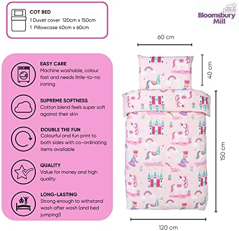 Bloomsbury Mill  Kids Cot Bed Duvet Cover and Pillow Case Set - Unicorn, Princess & Rainbow Reversible Toddler Bedding For Girls 120 x 150 cm