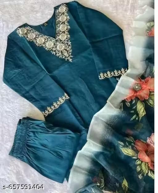 Image of Women's Chanderi Silk Kurti with Rayon Slub Pants & Dupatta | Printed Three-Quarter Sleeve Ethnic Setv Turquose