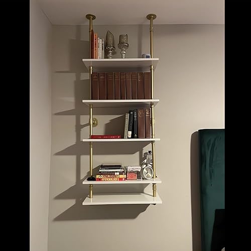 Miniatura 2 de Estantería dorada moderna de 5 estantes, estantería blanca para montaje en pared, estante de escalera con marco de metal, estantes de exhibición