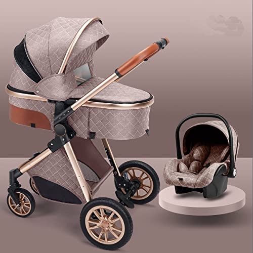 Baby Stroller Baby Carriage Pushchair Pram Stroller, High Landscape Infant Stroller & Reversible Bassinet Pram, Foldable Newborn Stroller with Adjustable Canopy, Cup Holder, Storage Basket (Khaki)