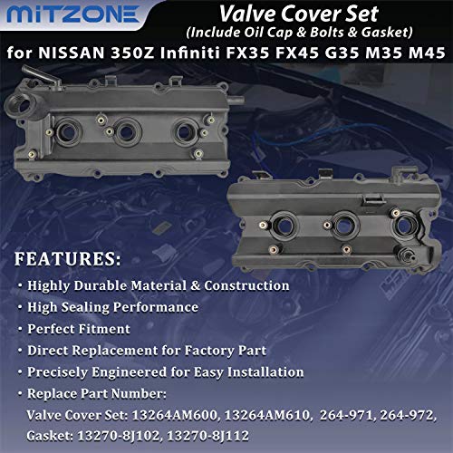Mitzone Engine Valve Cover Set With Bolts & Oil Cap & Gaskets & Spark Plug Tube Seals & Pcv Valve Compatible With 2003-2008 Nissan 350Z Infiniti Fx35 G35 M35 Vq35De 3.5L Part# 13264Am600 13264Am610 #TOP1