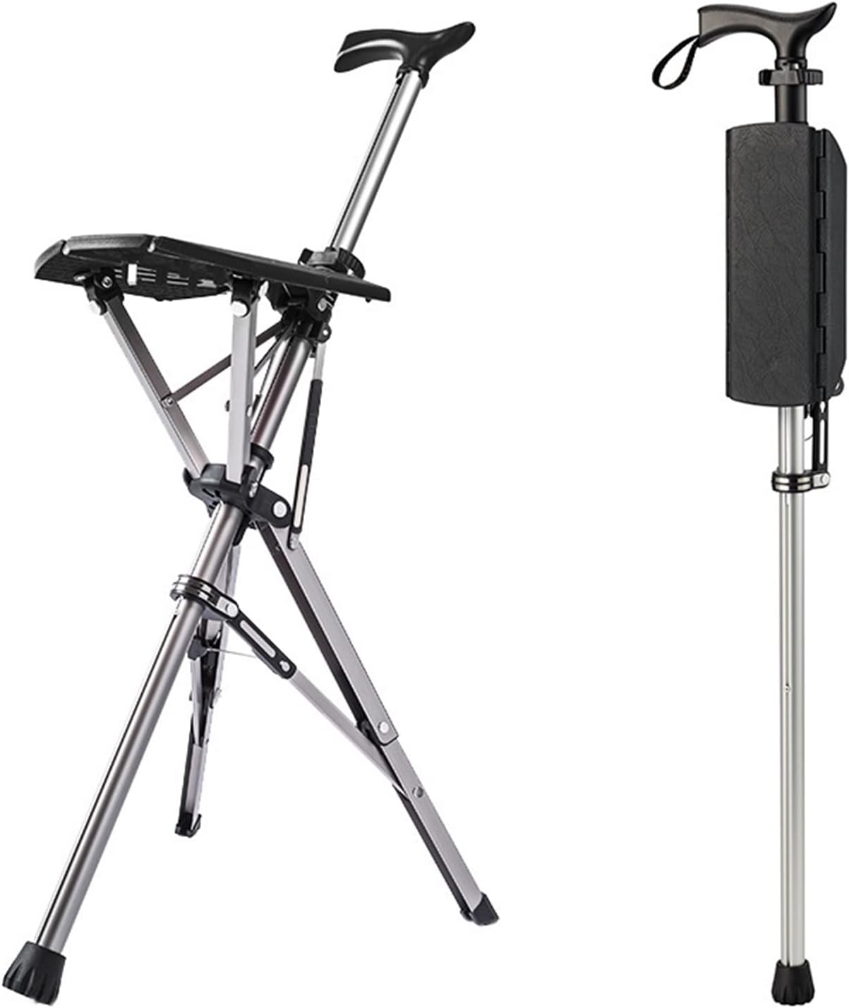 Foldable Seat Cane, Adjustable Trekking Stick, Portable Lightweight Stick Chair, Aluminum Hiking Walking Canes for Seniors Adult,Black