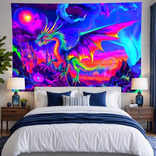 Image of BlissYard Blacklight Tapestry 78x59 Inch Neon Dragon Castle Wall Hanging UV Reactive Glow in the Dark Fantasy Trippy Fire Dragon Tapestry for Bedroom Dorm Gamer Room Psychedelic Wall Art Decor