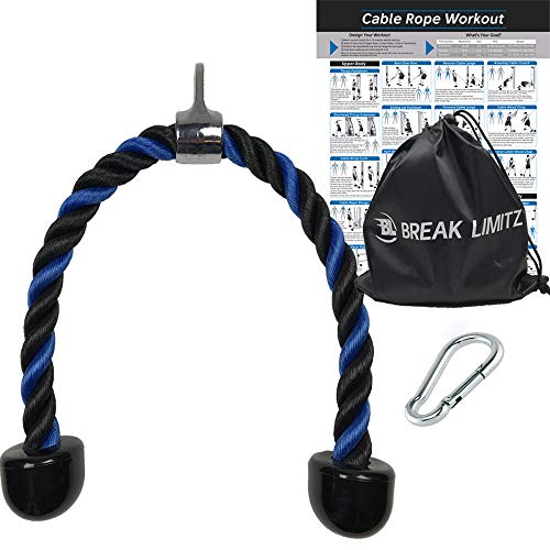 Blue Tricep Rope Pull Down & Poster Set | 27 or 36 Inch Heavy Duty Nylon Rope, Chrome Cable Attachment | Professional or Home Gyms | Includes Workout Poster, Snap Hook, Bag 1 Blue Tricep Rope Pull Down & Poster Set | 27 or 36 Inch Heavy Duty Nylon Rope, Chrome Cable Attachment | Professional or Home Gyms | Includes Workout Poster, Snap Hook, Bag
