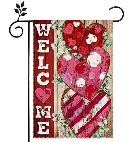 Anydesign Valentine's Day Welcome Garden Flag Rustic Hearts Pattern Yard Flag Double-Sided Farmhouse Hearts Decorative Outdoor Flag For Anniversary Wedding Patio Lawn Garden, 12.5 X 18 Inch #TOP6