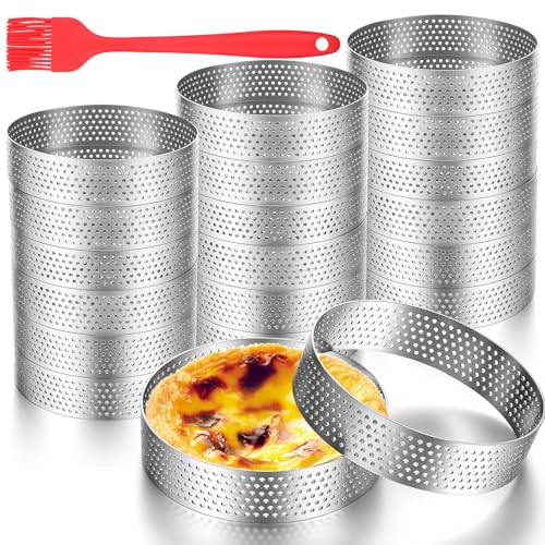 20 Pack Tart Rings 3.15 Inch Perforated Round Mousse Cake Ring, Stainless Steel Metal Pastry Mold with Silicone Brush for Baking Tarts, Cakes, Desserts