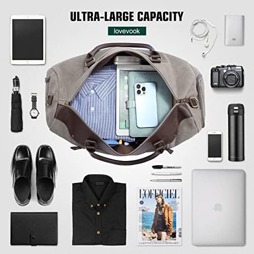 LOVEVOOK 50L Canvas Travel Duffel Bag Overnight Weekender Bag with Shoe Compartment Gym Bag Travel Tote Carry on Hand Bag with Toiletry Bag (Grey) 6 LOVEVOOK 50L Canvas Travel Duffel Bag Overnight Weekender Bag with Shoe Compartment Gym Bag Travel Tote Carry on Hand Bag with Toiletry Bag (Grey)