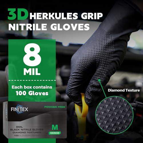 Image of FINITEX Industrial Diamond Texture Nitrile Black Glove - 100 /1000PCS Chemical Resistant 8mil Mechanic Disposable Gloves