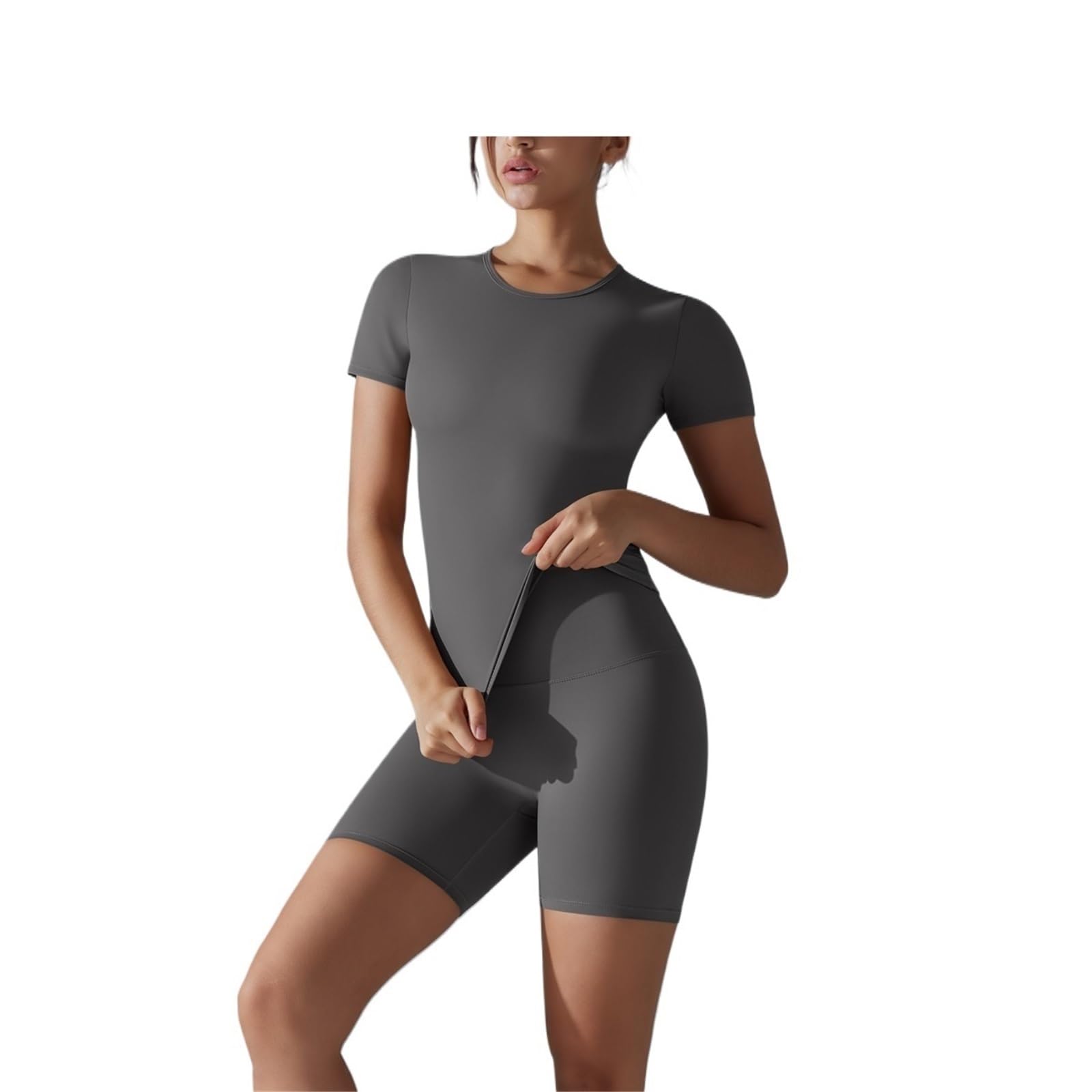 Body gainant moulant pour le sport de plein air, couleur unie, coupe ajustée, séchage rapide, short de yoga à manches courtes