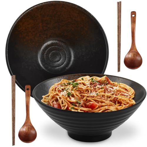Ecofocet 2 Jogos tigela de Ramen japonês com pauzinhos e colher, 2 x 1000 ml tigela de sopa de ramen japonês de Porcelana, grandes saladeira para salada de frutas, massa, cereais, sopa