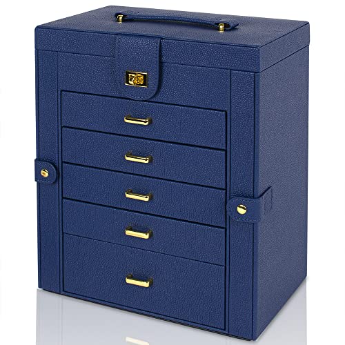 Akozlin Large Jewelry Box Organizer Functional Lockable With Big Mirror, Leather Jewelry Storage Case For Women Girls Ring Necklace Earring Bracelet Holder Organizer Blue #TOP5