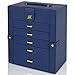 AKOZLIN Large Jewelry Box Organizer Functional with Big Mirror, Leather Jewelry Storage Case for Women Girls Ring Necklace Earring Bracelet Holder Organizer Blue