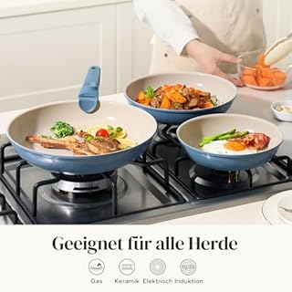 Redchef Set di Padelle con Manico Rimovibile, Padella in Ceramica con Antiaderente in Granito, Adatto All’Induzione, Padella 20, 24, 28 cm, Salvaspazio, Senza Ptfe & Pfoa & Pfas, Blu