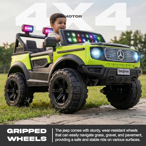 Image of Baybee CruzeX 4x4 Battery Operated Jeep for Kids with Parental Control | Baby Ride On Electric Car with RGB Lights, Music & Swing Mode | Rechargeable Battery Car for Kids 2to6 Years (Florescent Green)