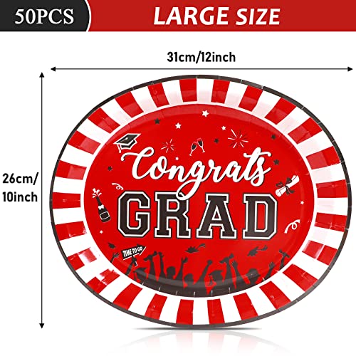 50Pcs Graduation Oval Paper Plates 10" X 12" Congrats Grad Party Supplies Large Disposable Platter Class Of 2023 Graduates Serving Tray Dish Tableware Supplies Decorations (Red And Black) #TOP3