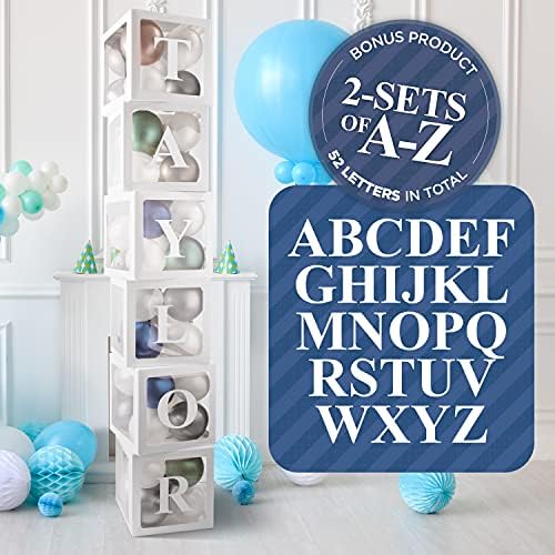 Baby Balloon Box For Baby Shower Decorations (6 White Boxes) | Balloon Boxes With Letters, 2-Sets of A-Z, 52 Letters for Custom NAME - Baby Blocks for Baby Shower Decor, Birthday Party, Gender Reveal