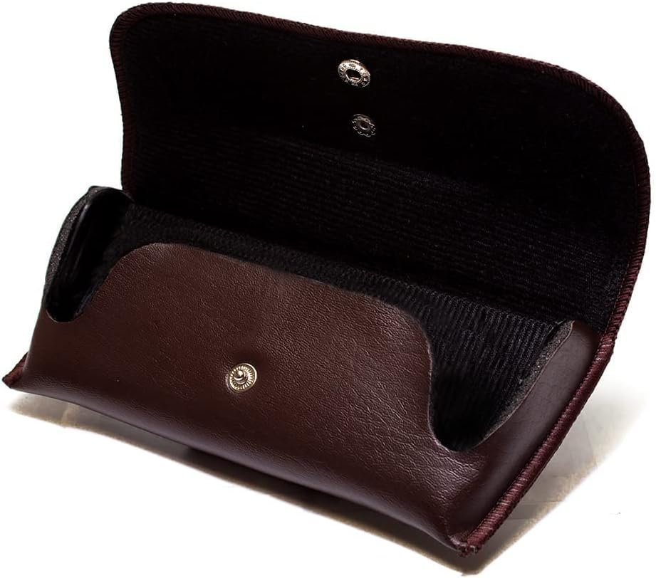 Calabria Double Snap Belt Loop Eyeglass Case PU Leather Brown Old School Vintage Eye Glasses Pouch Semi-Hard Sunglass Holder
