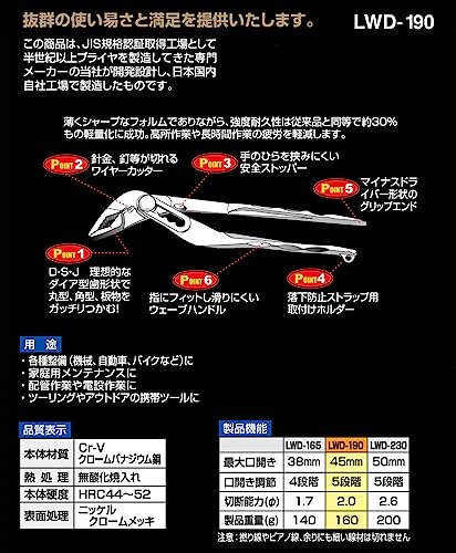 Alicate IPS Igarashi, plawater, D, 7,5 polegadas (190 mm), LWD-190, feito no Japão, Tsubame Sanjo