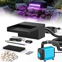 POPOSOAP 20 cm breiter Teich Wasserfall, Edelstahl-Wasserfall Box mit 2500 L/H Teichpumpe, ferngesteuerte farbwechselnde LED-Lichterkette, Außen-Wasserspiel für Gartenteich