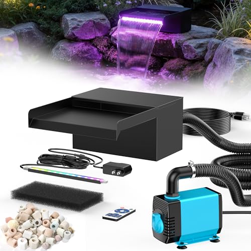 POPOSOAP 20 cm breiter Teich Wasserfall, Edelstahl-Wasserfall Box mit 2500 L/H Teichpumpe, ferngesteuerte farbwechselnde LED-Lichterkette, Außen-Wasserspiel für Gartenteich