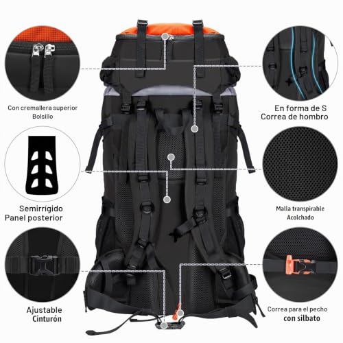 Miniatura 5 de Homiee 60l Mochila De Senderismo Ligera Impermeable Mochilas Trekking Viaje Con Cubierta De Lluvia Mochila Deportiva Al Aire Libre Para Escalada Acampar Turismo Hombre Mujer