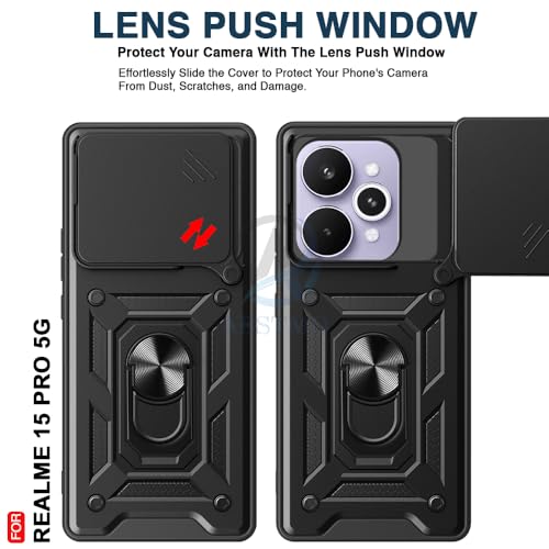 Image of AESTMO Tough Armor Realme 15 Pro 5G Bumper Back Case Cover | Ring Holder & Sliding Camera Shield Cover | 360 Degree Protection Back Case Cover for Realme 15 Pro 5G (Black)