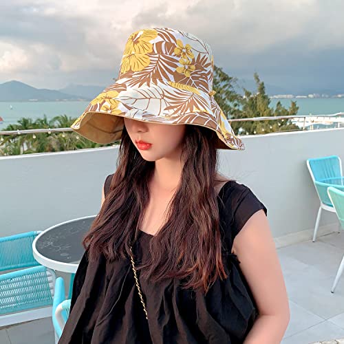 Huamulan Women Wide Brim Summer Sun Hat Wired Edge Floral Beach Bucket Hats Reversible Foldable Fishing Travel Uv Protection Lady Hat Windproof Chin Cord String #TOP5