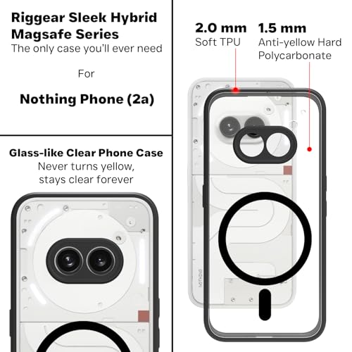 Image of RIGGEAR Shockproof Sleek Hybrid Magnetic Armor Back Cover Case Compatible with MagSafe Accessories for Nothing Phone 2A / Phone 2A Plus (Clear PC + Black TPU Bumper)