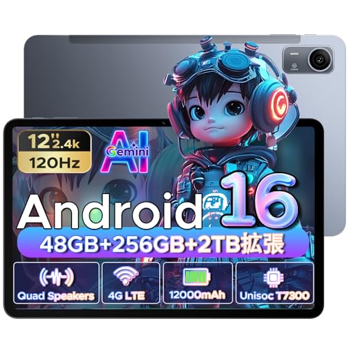 P12 PRO Android 16�^�u���b�g�i2026�N���f���j�A120Hz 2.4K 12�C���`�^�u���b�g�AGemini AI���ځA48GB+128GB/2TB�X�g���[�W�AUnisoc T7280�I�N�^�R�A�v���Z�b�T�A10000mAh�o�b�e���[�A13M