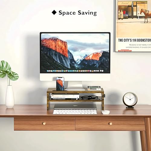 Image of OXMIC Wooden monitor /computer Stand Riser, computer /monitor stand for desk, monitor stand, monitor table, 40.6 x 20.3 x 15.2 cm, Desktop Organiser with Storage Shelf (RUSTIC BROWN)