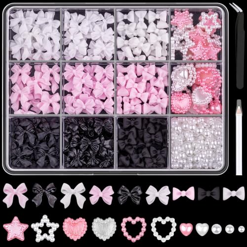 600 Pcs 3D Nail Charms and Flatback Pearls #2, Pink White Black Multi Styles Bowknot Charms + Pink&White Star Heart Nail Jewels + 2-6mm White Nail Pearls for Nail Art Design with Pickup Tools