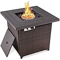 Best Choice Products 28in Gas Fire Pit Table, 50,000 BTU Outdoor Wicker Patio Propane Firepit w/Faux Wood Tabletop, Clear Glass Rocks, Cover, Hideaway Tank Holder, Lid - Brown