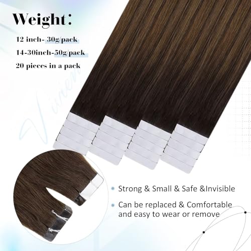 Vivien Brown Human Hair Extensions Tape Balayage Seamless Tape in Natural Hair Extensions Dark to Light Brown Ombre Double Sided 20pcs 50g 18 Inch #2/8/2 - Image 3