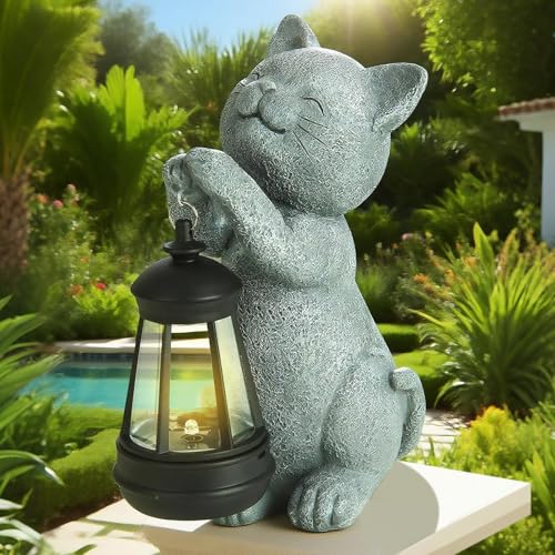 Statue de jardin solaire en forme de chat avec lumière LED – Figurine de chat mignon pour décoration extérieure, veilleuse en résine résistante aux...