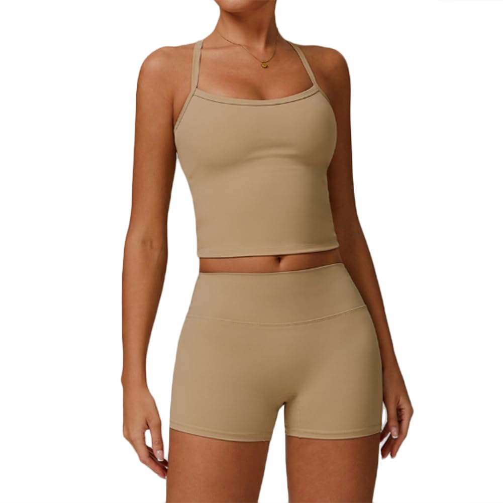 JPXJGT Workout Cross Strap Fitness Vest High Waist Tight Fit Yoga Shorts Yoga Set(Size:M,Color:Light beige)