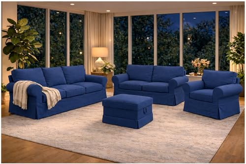 Image of Heavy Cotton Ektorp Sofa Cover Compatible with IKEA 3 Seat Sofa Slipcover | Heavy Duty Cotton Ektorp Three Seat Cover Replacement Only Blue Color