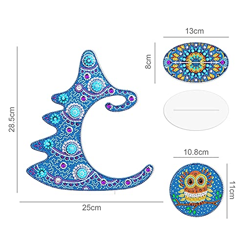 Image of AiYuanzsh Blue Christmas Tree Diamond Art Tabletop Ornament with Owl Hanging Kit, Acrylic Diamond Painting Desktop Decoration Kit, DIY Holiday Diamond Art Crafts 9.84 x 11.22 inch
