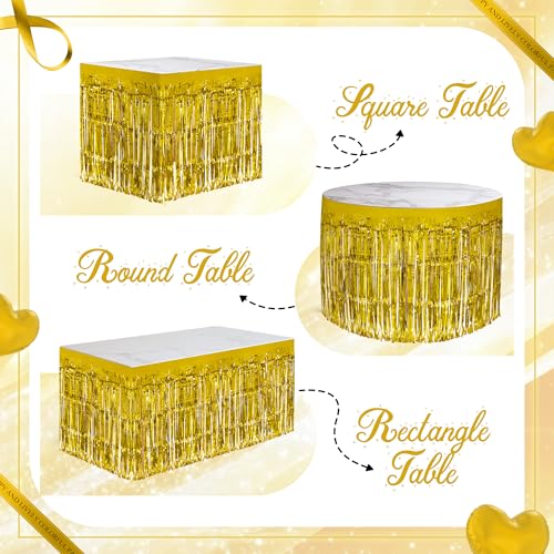 2 Pack Gold Table Skirts, 29x108\" Metallic Foil Tinsel Fringe Table Skirts for Rectangle Tables Streamer Curtains Backdrop, Party Decorations for Birthdays Weddings Holidays - Thumbnail 4