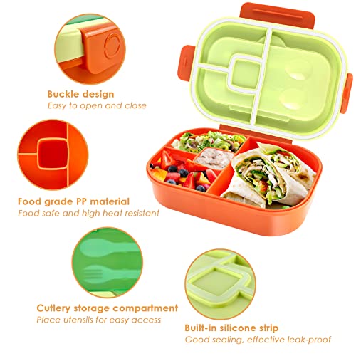New Bento Box Adult, 1.3L Bento Box Adult Lunch Box With 4 Compartments&Utensiles, Leak-Proof Lunch Box, Lunch Box Containers Adults Student Teen, Microwaveable And Dishwasher Safe, Orange #TOP2