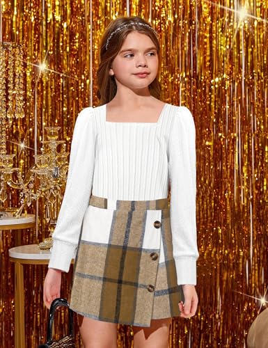 Image of AGAPENG Girl Skirt Sets 3 Piece Outfits Square Neck Jacquard Puff Sleeve Tops Plaid Mini Skirt Shorts Fall Winter Clothes
