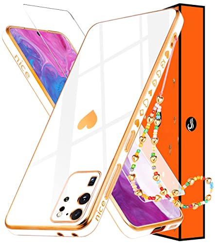 Shorogyt (3in1 Heart Case for Samsung Galaxy S20 Ultra 5G/4G 6.9 Inch Women Cute Aesthetic Love Hearts Pattern Girls White Gold Luxury Girly Design Phone Cases Trendy Cover+Screen+Chain for S20u 6.9â