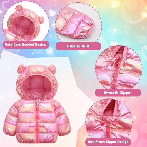 Baogaier Mädchen Baby Wasserdichte Winterjacke mit Kapuze Rose Regenfest Winddicht Leichter Outdoor Warm Puffer Steppjacke Glänzend Wintermantel Kinder Herbst Kleidung 1-2 Jahre, GR.86-92