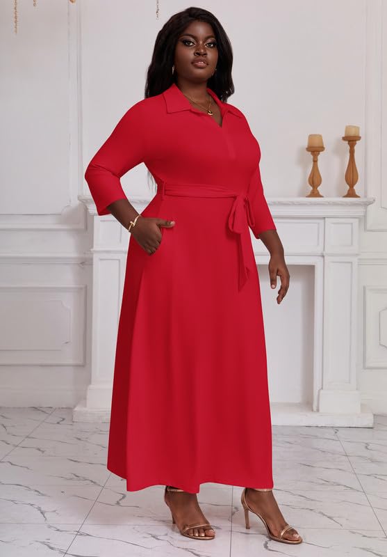 Maxi Dresses for Women Casual V Neck 3/4 Sleeve Long Church Dress Semi Formal Outfits with Pockets3