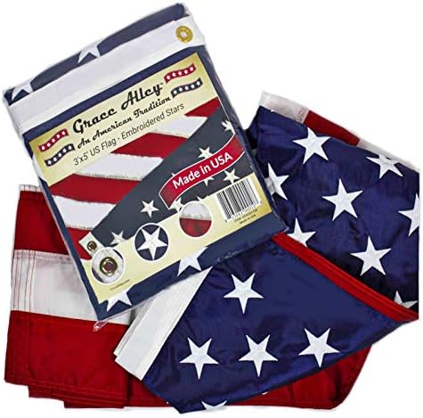 American Flag 3x5 Outdoor by Grace Alley, Embroidered Stars, Sewn Stripes, Heavy Duty, Hand Made and Fade Resistant - Long Lasting Nylon & Brass Grommets for Commercial Grade Durability, 100% Made in USA