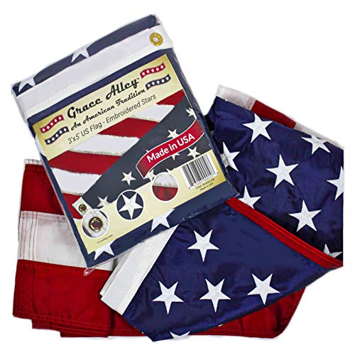 Grace Alley American Flag: 3x5 FT US Flag - 100% Made in USA. Embroidered Stars, Sewn Stripes and Brass Grommets. Fade Resistant, Heavy Duty, Long Lasting Nylon for Outdoor Durability. by Grace Alley - Used condition - US$34.92