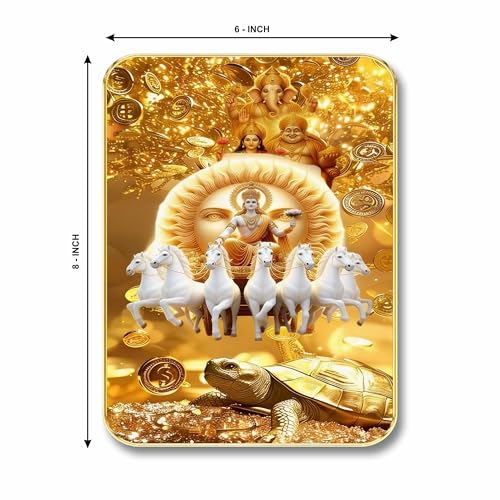 Image of SAF Surya Narayan Wall Art with Table Top Stand & Wall Hanging Hole | Lakshmi Ganesha Kurma Seven Horses MDF Religious Painting for Mandir Home Decor